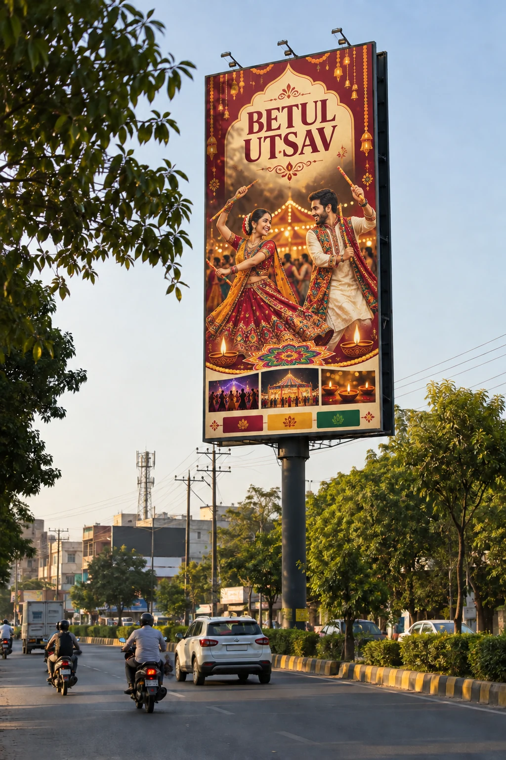 Indian festive event poster on a vertical unipole in Betul